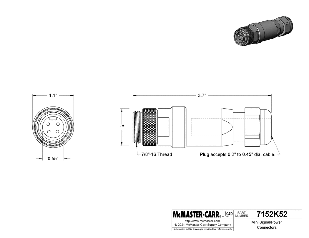 Technical Drawing of Mini Connector, Male Plug with External Thread, Screw Terminal, 4 Pole.